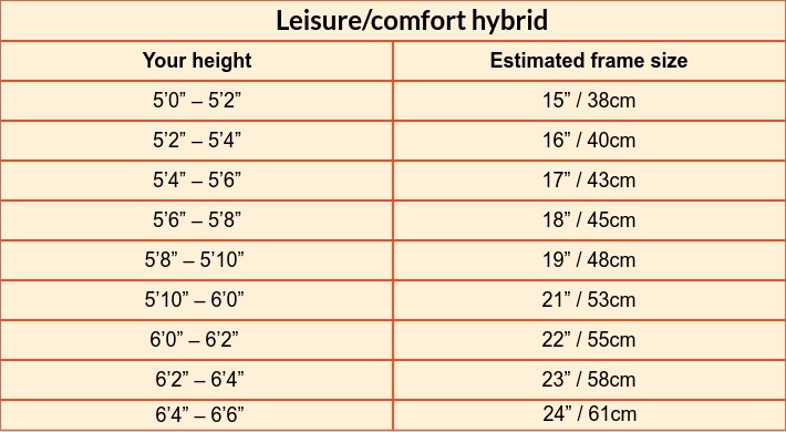 Leisure/comfort hybrid bike size guide table